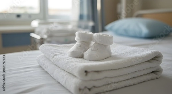 Obraz Tiny baby socks on clean towels in hospital birth environment