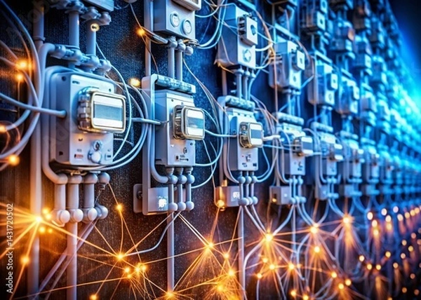 Obraz Macro Photography: Smart Energy Meter Network, Futuristic Technology, Data Transmission, Circuit Board Detail