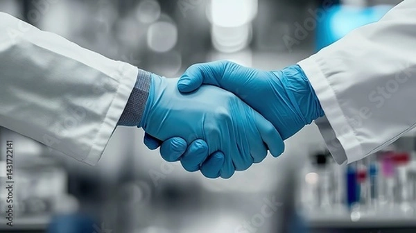 Obraz Two scientists in white lab coats shaking hands with blue gloves and laboratory test tubes in the background.