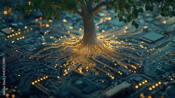 Obraz A tree with glowing roots emerges from a circuit board, creating a striking blend of nature and technology. The scene captures a surreal harmony between organic life and digital elements