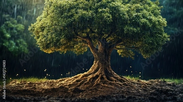 Obraz An old tree stands tall in the rain, its winding roots wrapping around the wet soil. background wallpaper AI generated image