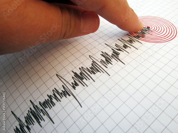 Fototapeta Seismograph and earthquake. A hand pointing at a seismograph recording the seismic activity of an earthquake	
