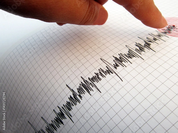Fototapeta Seismograph and earthquake. A hand pointing at a seismograph recording the seismic activity of an earthquake