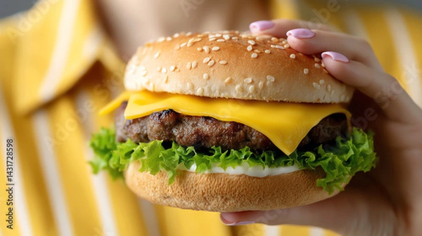 Obraz hand holding burger, AI generated