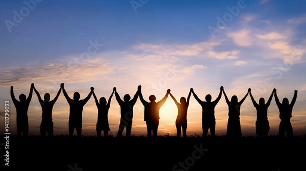 Obraz A group of people holding hands in the air, AI generated