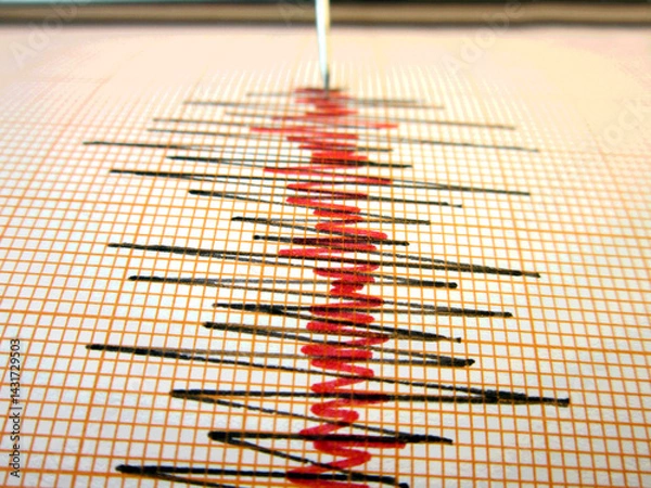 Fototapeta Low and High Earthquake Waves on Richter scale vibrating on white paper background, sound wave diagram concept 
