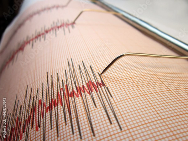 Fototapeta Seismograph and earthquake. A seismograph that records the seismic activity of an earthquake.	