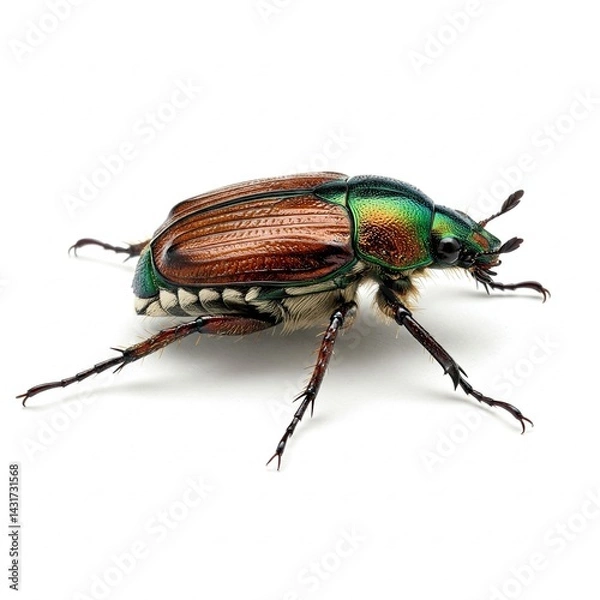 Fototapeta Japanese Beetle Macro on Leaf on White Isolated Background