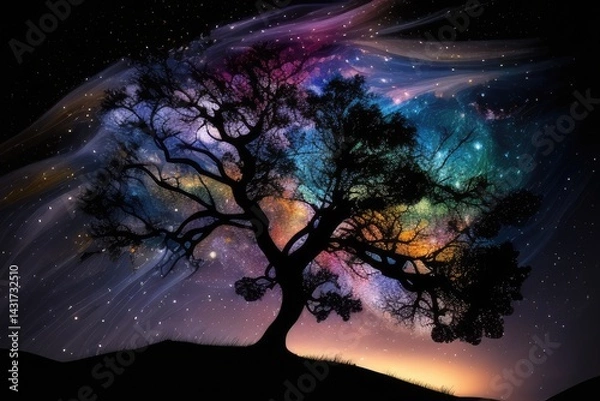 Fototapeta Silhouette of a tree with colorful swirling star trails in the night sky. Cosmic landscape. Background imahge of tree growing with vibrant color cosmic falling in starry sky. Surreal artwork. AIG51.