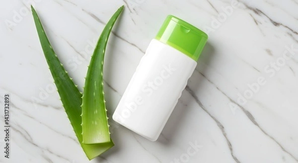 Obraz Sunblock lotion and aloe leaf on bright marble surface