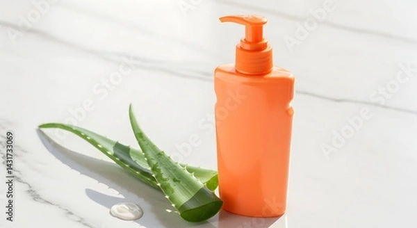 Obraz Sunblock lotion and aloe leaf on bright marble surface