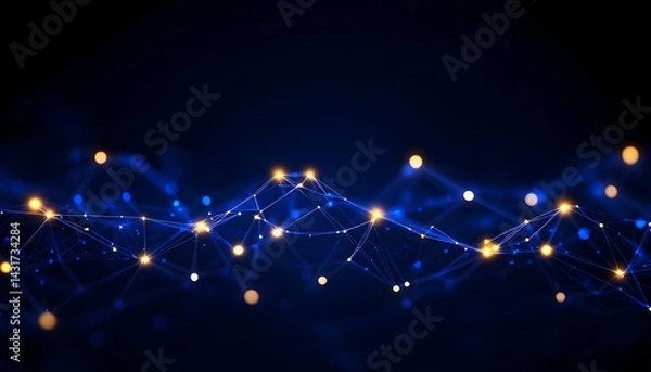Fototapeta Abstract blue and yellow connected dots with glowing lights on a dark background