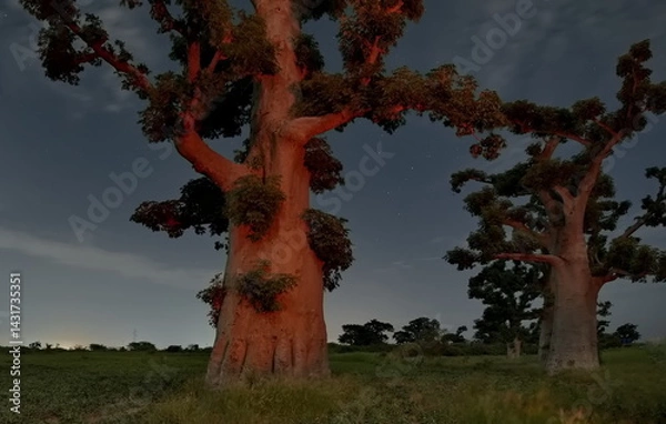 Fototapeta West Africa. Senegal. A moonlit night over a grove of giant baobabs in the valley of the La Simone River near the town of Nguekhokh.