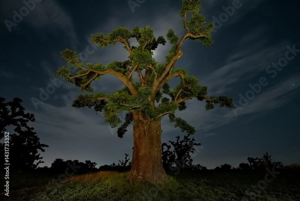 Fototapeta West Africa. Senegal. A moonlit night over a grove of giant baobabs in the valley of the La Simone River near the town of Nguekhokh.