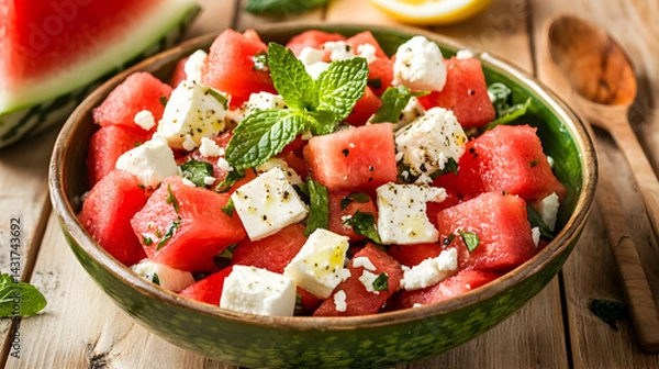 Obraz Watermelon salad, feta cheese, fresh mint leaves, lemon slice, wooden table, rustic setting, summer dish