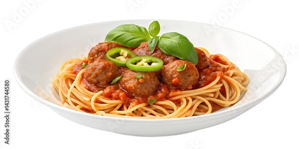 Obraz Classic Spaghetti with Meatballs in Marinara Sauce Garnished with Fresh Basil Leaves on a White Plate, Transparent Background