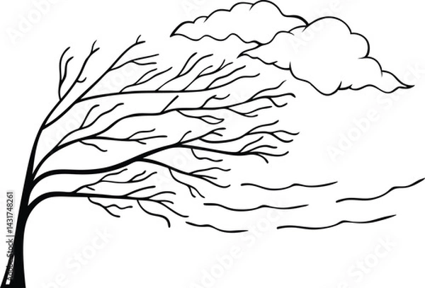 Fototapeta Line Art Illustration Of Tree Bending In The Wind With Clouds Above