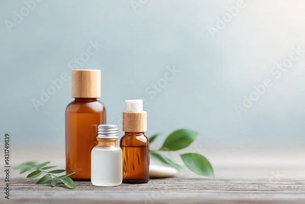 Obraz close-up of natural skincare products elegantly arranged on wooden surface set in minimalistic style with ample copy