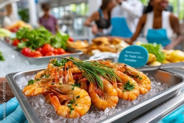 Obraz Mariscos frescos expuestos en un puesto de mariscos con camarones y vegetales en un mercado animado