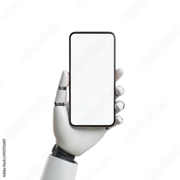 Fototapeta Robot hand holding smartphone isolated on white background
