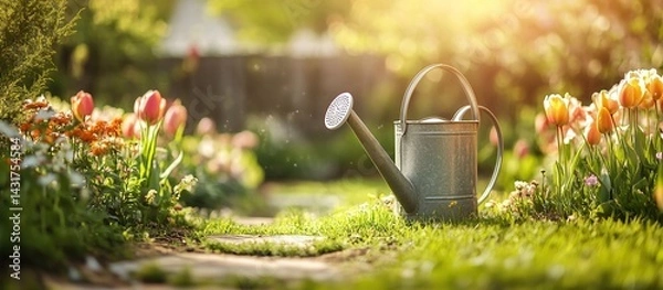 Fototapeta Watering can on green grass in the garden with a path and flowers, a springtime banner background.