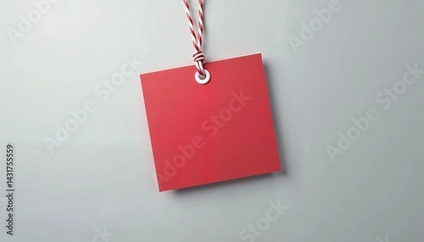 Fototapeta Blank Red Tag Hanging on String Against Light Background  