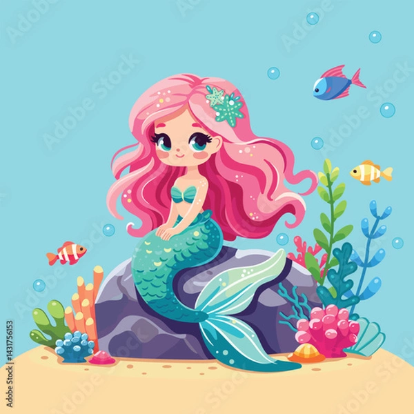 Fototapeta Illustration of a Beautiful mermaid girl with beautiful eyes sitting on a rock. Poster, Banner, Flyer, Greeting Card. Vector Illustration on blue background in Flat style