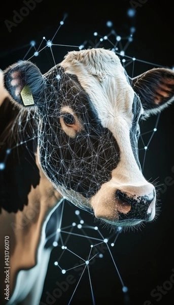 Fototapeta Close up of a dairy cow overlaid with digital data points showcasing smart farming technology