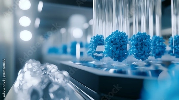Fototapeta Close up of blue exosome particles in transparent spheres  3d visualization in biotechnology lab