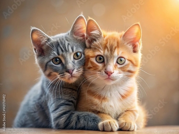 Fototapeta Minimalist Cute Cat Couple Posing Together, Soft Pastel Colors, Studio Shot