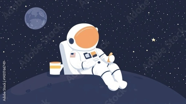 Fototapeta Relaxing spacefarer enjoying a snack in lunar landscape.