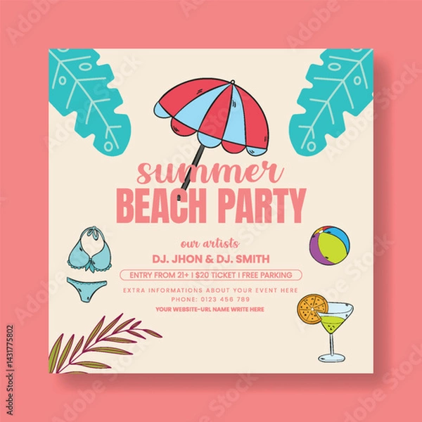 Fototapeta Editable summer sale Promotional social media post, square banner, summer beach pool party square flyer or poster template, summer vacation, summer holiday web banner design