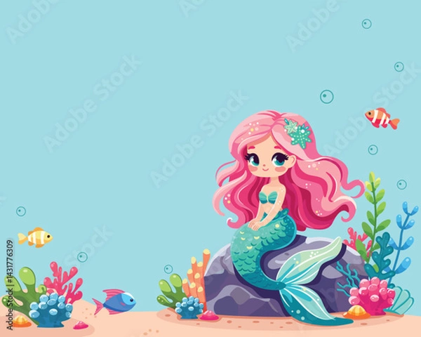 Fototapeta Illustration of a Beautiful mermaid girl with beautiful eyes sitting on a rock. Poster, Banner, Flyer, Greeting Card. Vector Illustration on blue background in Flat style