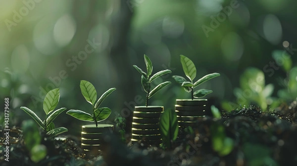 Obraz Growing money, finance and investment. Coins stack the growth comparison year 2024 to 2025 with a green success graph in 2025. business growth, profit,