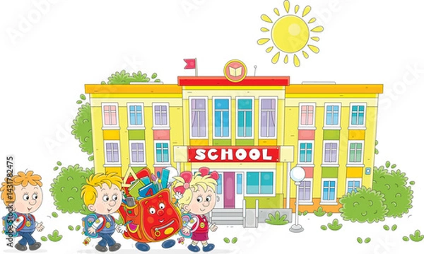 Fototapeta Happy little schoolboys, schoolgirl and cartoony Schoolbag merrily talking and going to school to the start of classes, vector cartoon illustration on a white background