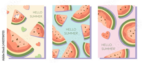 Obraz Bright summer posters with juicy illustrations of watermelon pieces and hearts. Vector fruits backgrounds for flyers, web design, sales, marketing, cards, invitations.