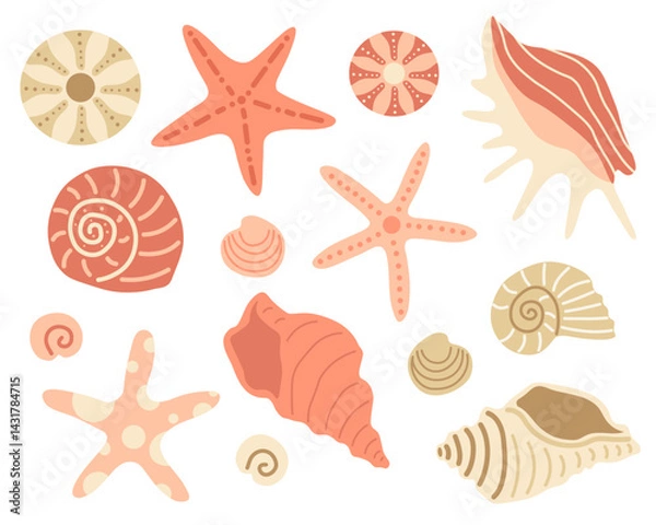 Obraz Red sea shells in flat style. Ocean underwater seashell, starfish, aquatic mollusk, sea spiral snail, sea urchin. Vector illustration on white background.