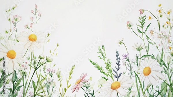 Fototapeta Elegant wedding invitation card background . Minimal hand painted watercolor Chamomile flowers texture template background. Design for wedding, vip cover, poster, rsvp moderncard.Valentine's Day