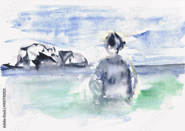 Obraz A solitary man contemplates the vast sea beneath a silent sky in this ethereal watercolor, hand-made watercolor