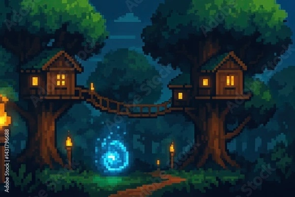 Obraz Pixel art depicting two tree houses connected by a rope bridge in a forest illuminated by torches and a magic portal
