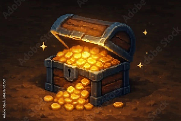 Obraz Pixel art illustration of an open treasure chest overflowing with glowing gold coins, creating a captivating scene of riches and adventure