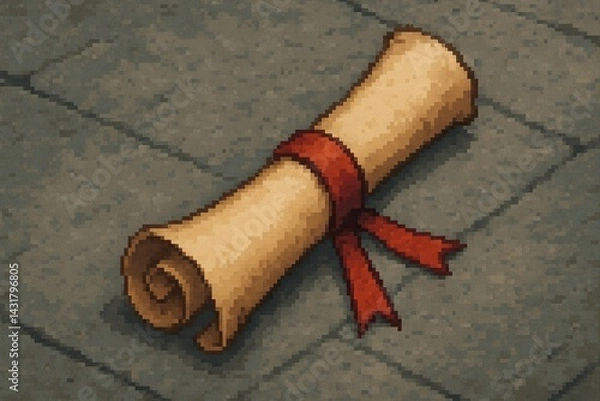Obraz Retro pixel art illustration of a rolled up scroll tied with a red ribbon lying on a stone floor