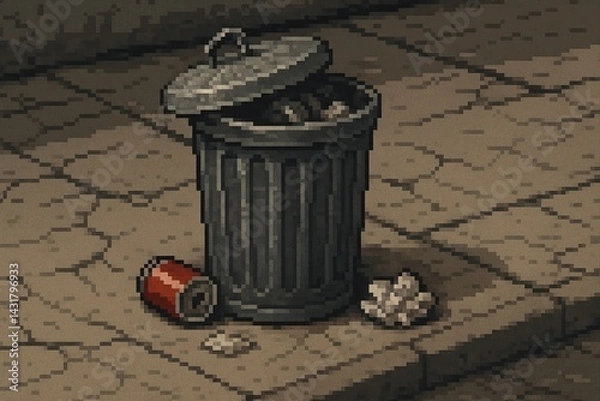 Obraz Pixel art illustration of a metal trash can overflowing with garbage in a dirty alley, symbolizing urban decay and littering