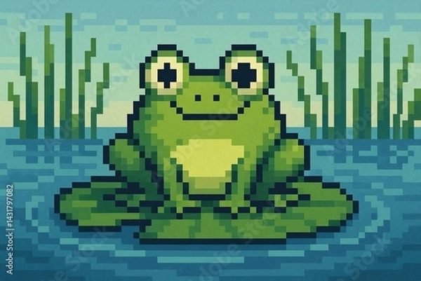 Obraz Green pixel art frog resting on a lily pad in a pond with reeds in the background