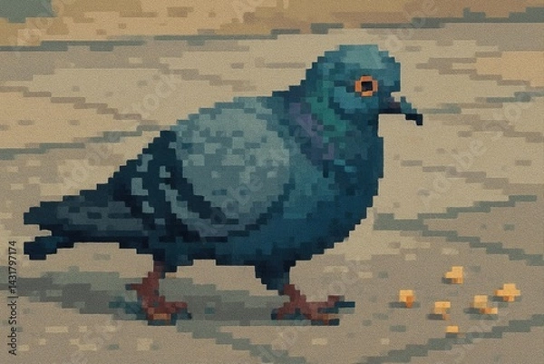 Obraz Pixel art pigeon walking and pecking on the ground