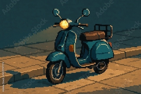 Obraz Pixel art depicting a classic scooter parked on a sidewalk, illuminated by its headlight in the evening
