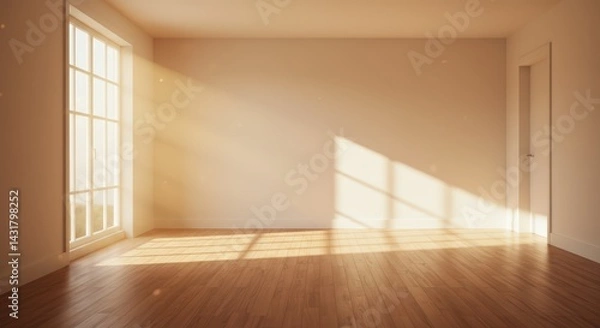 Fototapeta Empty room with sunlight shining through window onto the wood floor, creating shadow pattern. Blank wall interior space ready for decoration and design concept.