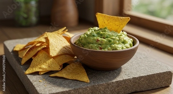 Fototapeta Delicious guacamole dip served with tortilla chips for a tasty appetizer.