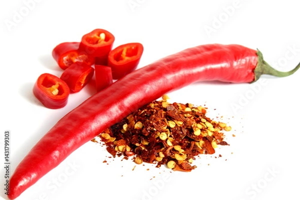 Obraz Fresh red hot pepper lies on a white background.	