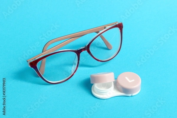 Obraz On a blue background there are glasses with containers for lenses.	